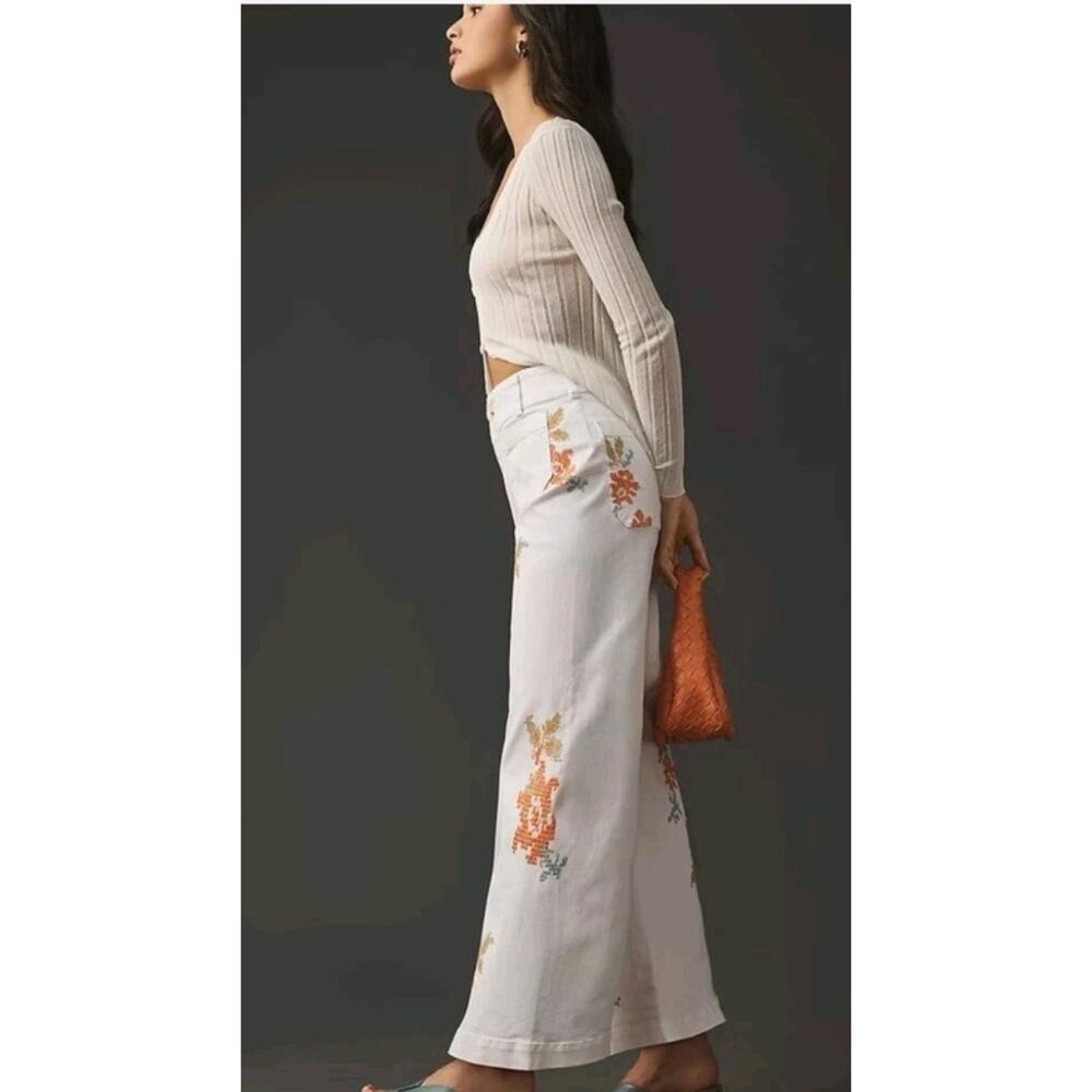 Anthropologie Maeve Colette White Wide-Leg Jeans Floral Embroidery 25 - Picture 2 of 14